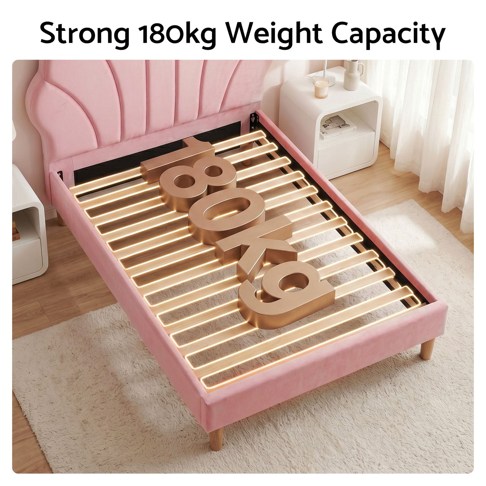 Artiss Single Bed Frame Scallop Upholstered Headboard Pink Velvet Platform Base Support up to 180kg Awezingly