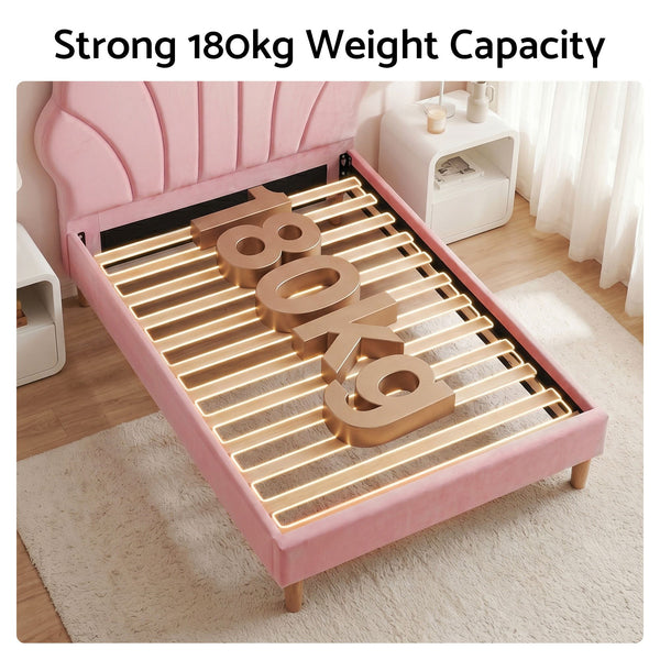 Artiss Single Bed Frame Scallop Upholstered Headboard Pink Velvet Platform Base Support up to 180kg Awezingly