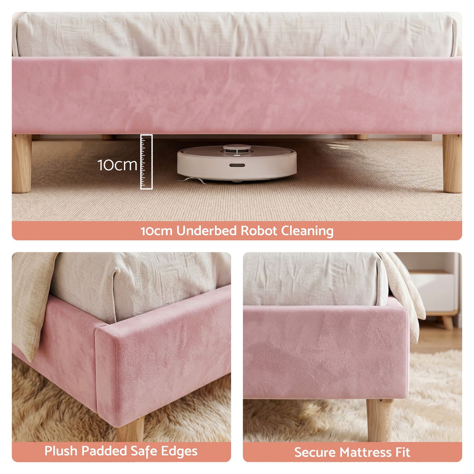 Artiss Single Bed Frame Scallop Upholstered Headboard Pink Velvet Platform Base Support up to 180kg Awezingly