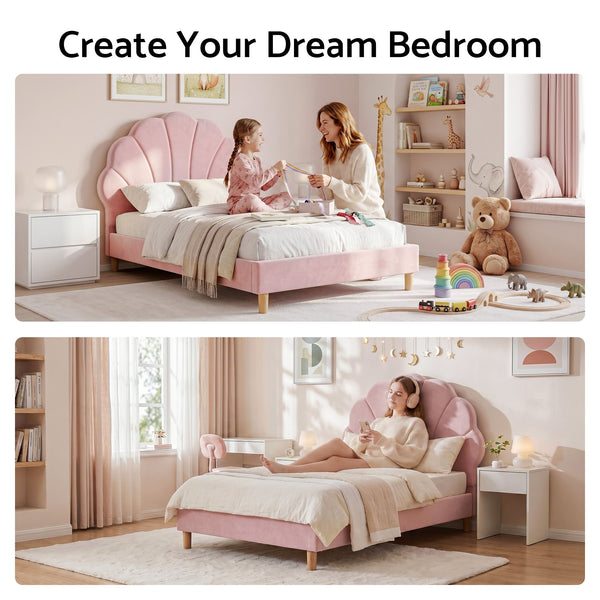 Artiss Single Bed Frame Scallop Upholstered Headboard Pink Velvet Platform Base Support up to 180kg Awezingly