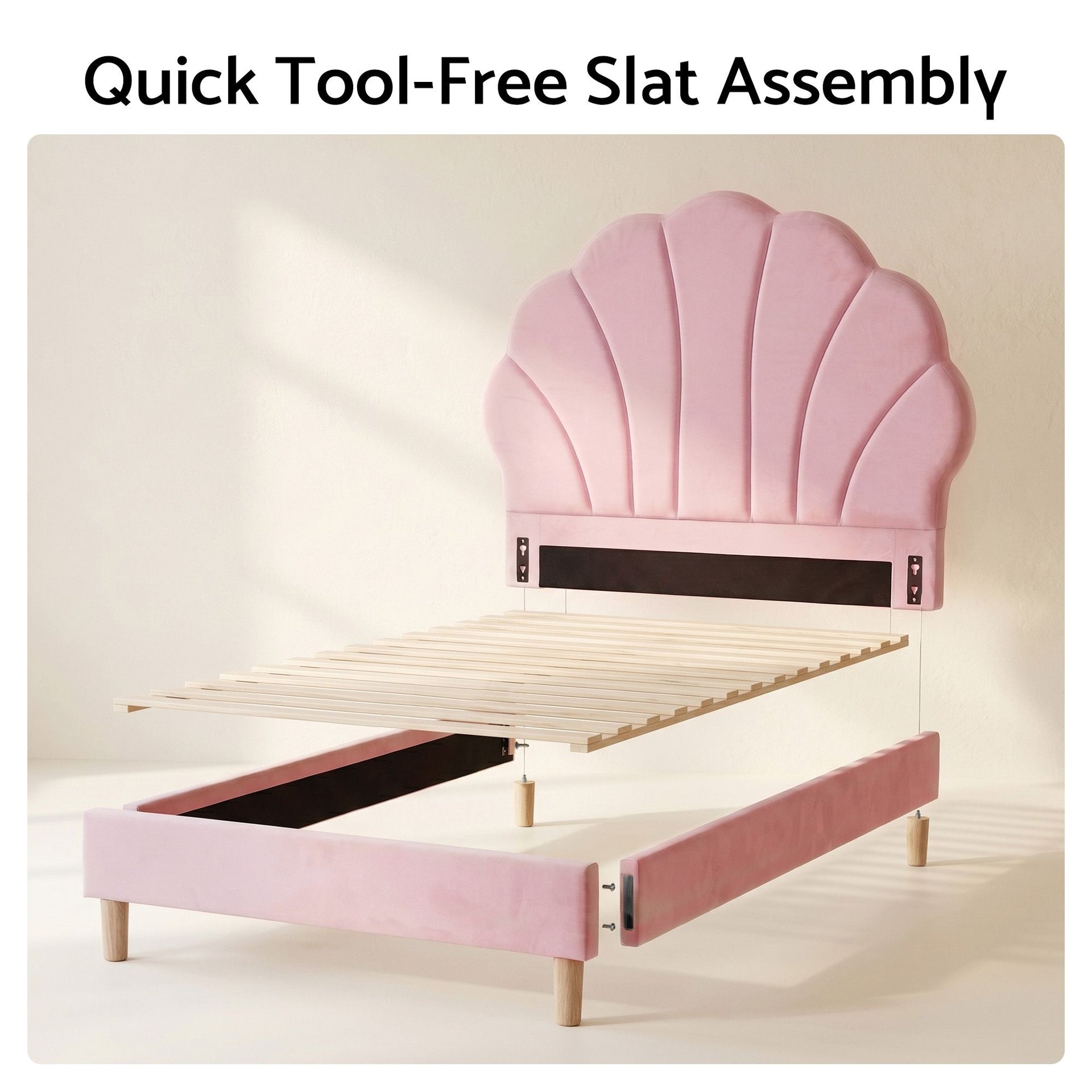 Artiss Single Bed Frame Scallop Upholstered Headboard Pink Velvet Platform Base Support up to 180kg Awezingly