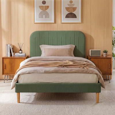Artiss King Single Bed Frame, Green Faux Linen with Wooden Slats