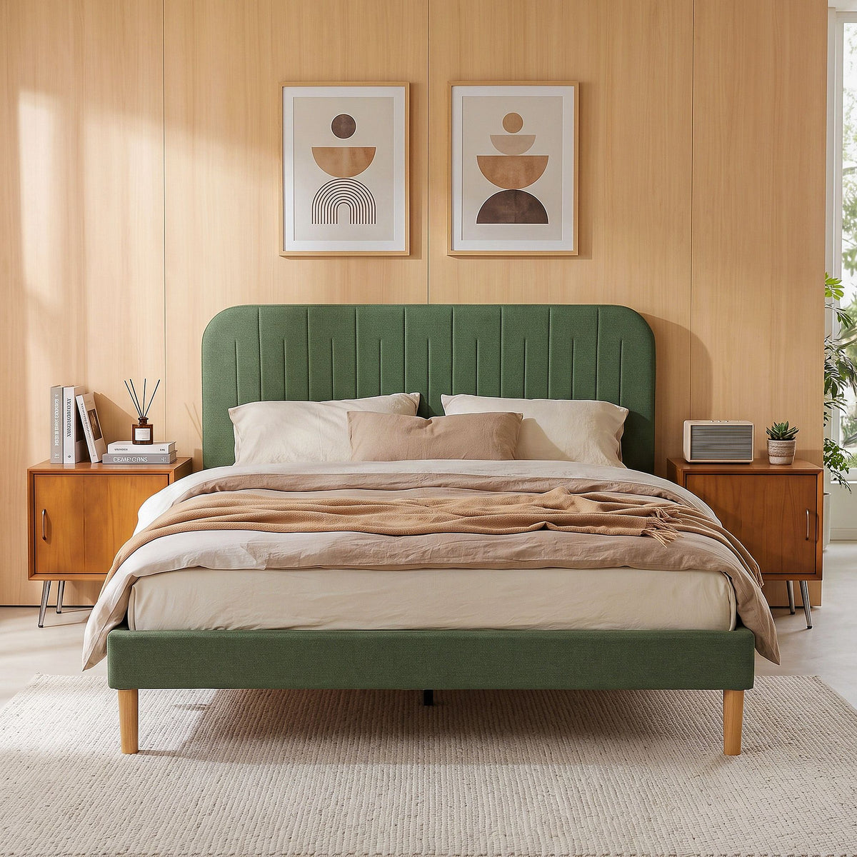 Artiss Queen Bed Frame, Green Fabric, Padded Headboard, 300kg Capacity Awezingly