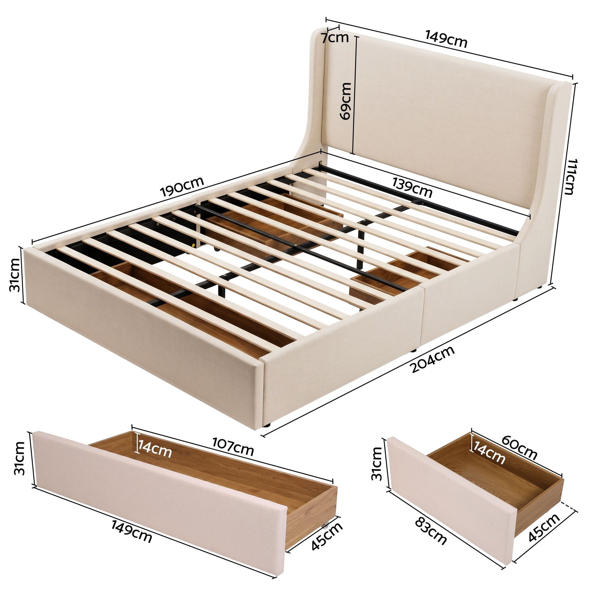 Artiss Double Upholstered Bed Frame with 3 Storage Drawers Wingback Headboard Heavy Duty Metal Platform Base Artiss