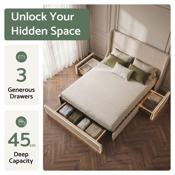 Artiss King Upholstered Bed Frame with 3 Storage Drawers Wingback Headboard Heavy Duty Metal Platform Base Artiss