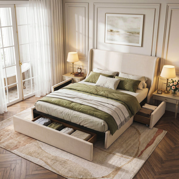 Artiss Queen Upholstered Bed Frame with 3 Storage Drawers Wingback Headboard Heavy Duty Metal Platform Base Artiss
