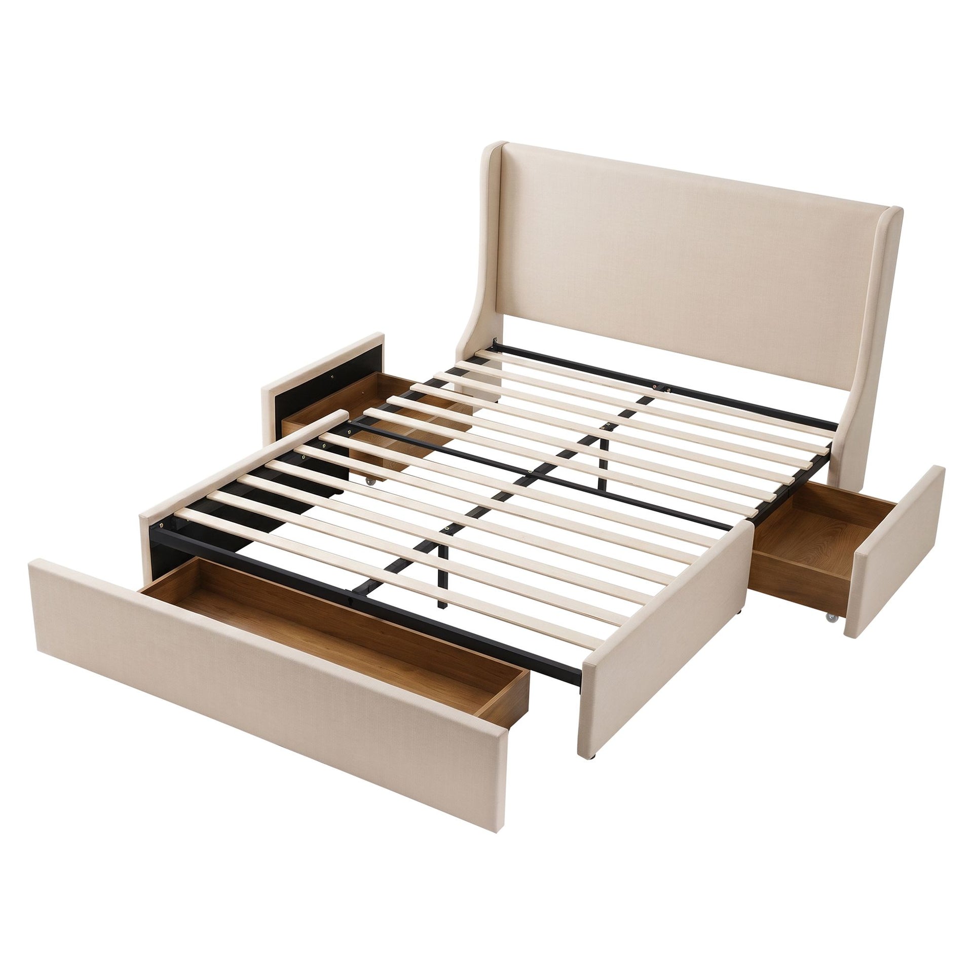 Artiss Queen Upholstered Bed Frame with 3 Storage Drawers Wingback Headboard Heavy Duty Metal Platform Base Artiss