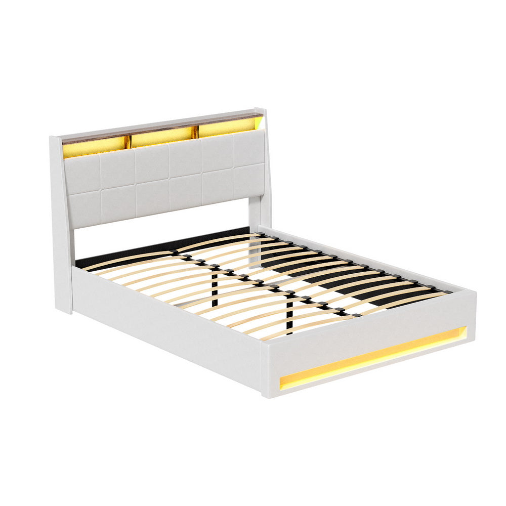 Artiss Bed Frame Gas Lift LED Beds Base Platform White PVC Leather Storage Headboard - Double Artiss