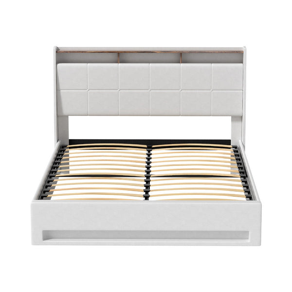 Artiss Bed Frame Gas Lift LED Beds Base Platform White PVC Leather Storage Headboard - Double Artiss