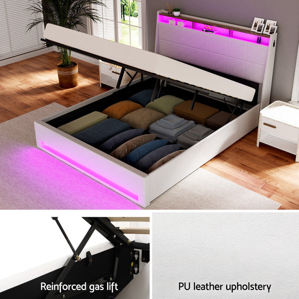 Artiss Bed Frame Gas Lift LED Beds Base Platform White PVC Leather Storage Headboard - Double Artiss