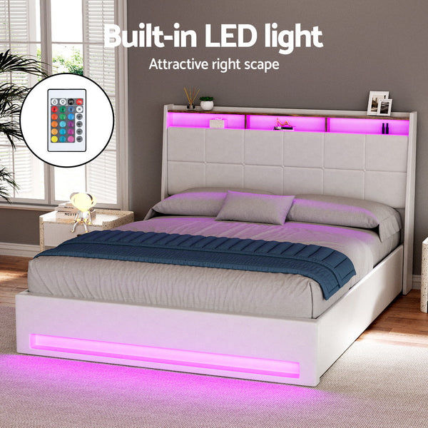 Artiss Bed Frame Gas Lift LED Beds Base Platform White PVC Leather Storage Headboard - Double Artiss