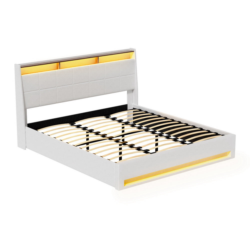 Artiss Bed Frame Gas Lift LED Beds Base Platform White PVC Leather Storage Headboard - King Artiss