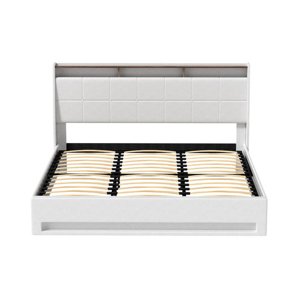 Artiss Bed Frame Gas Lift LED Beds Base Platform White PVC Leather Storage Headboard - King Artiss