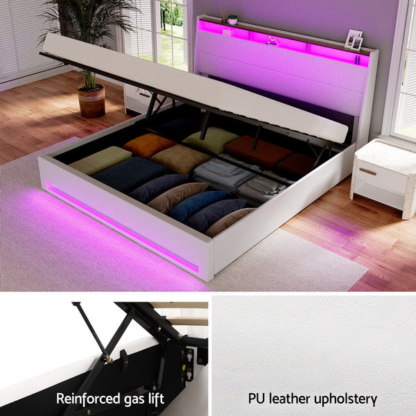 Artiss Bed Frame Gas Lift LED Beds Base Platform White PVC Leather Storage Headboard - King Artiss