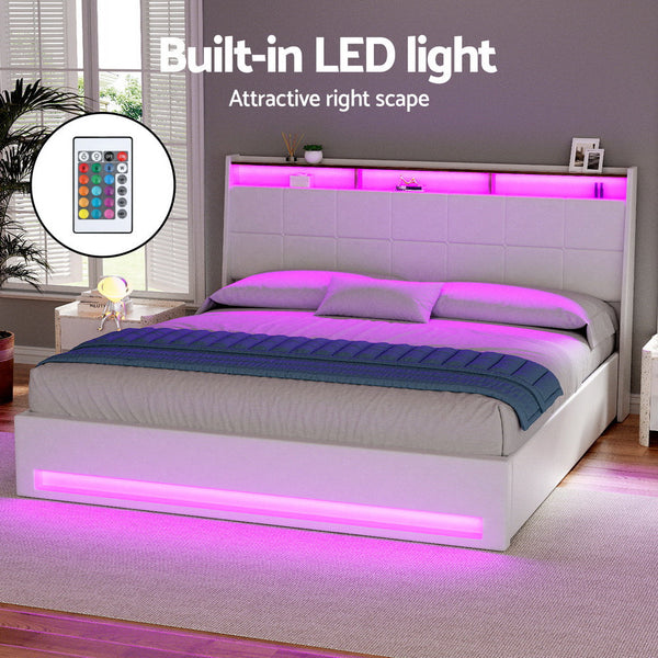 Artiss Bed Frame Gas Lift LED Beds Base Platform White PVC Leather Storage Headboard - King Artiss