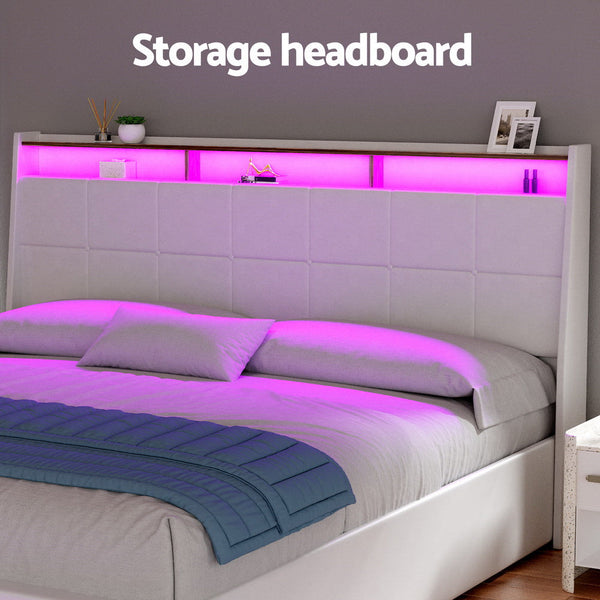 Artiss Bed Frame Gas Lift LED Beds Base Platform White PVC Leather Storage Headboard - King Artiss