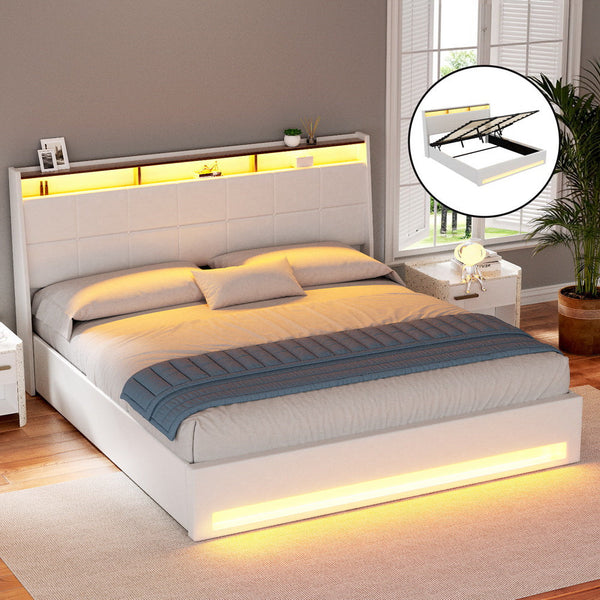 Artiss Bed Frame Gas Lift LED Beds Base Platform White PVC Leather Storage Headboard - King Artiss