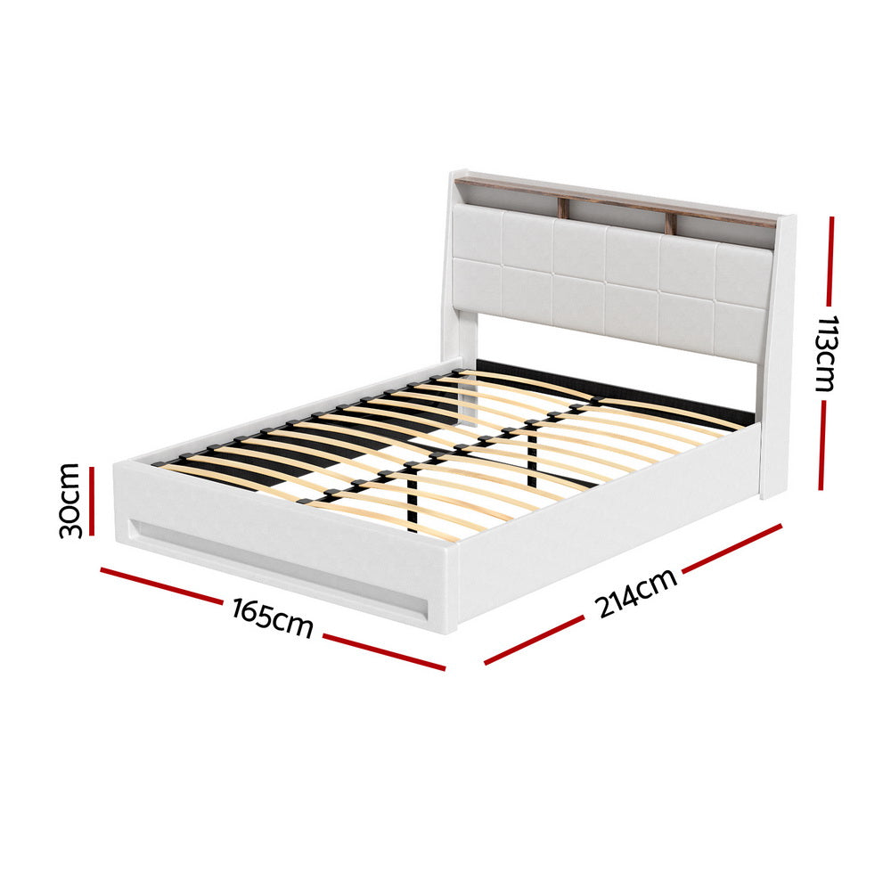Artiss Bed Frame Gas Lift LED Beds Base Platform White PVC Leather Storage Headboard - Queen Artiss