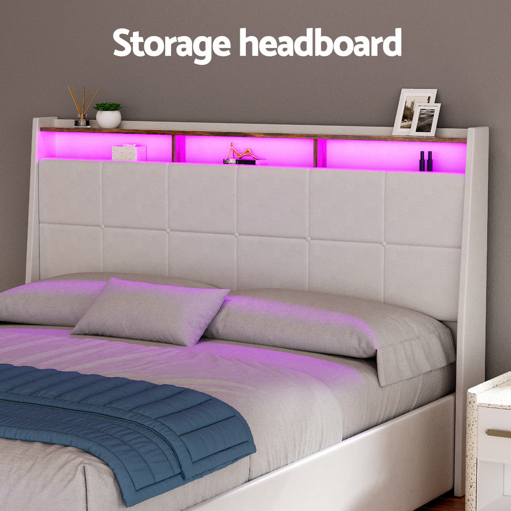 Artiss Bed Frame Gas Lift LED Beds Base Platform White PVC Leather Storage Headboard - Queen Artiss