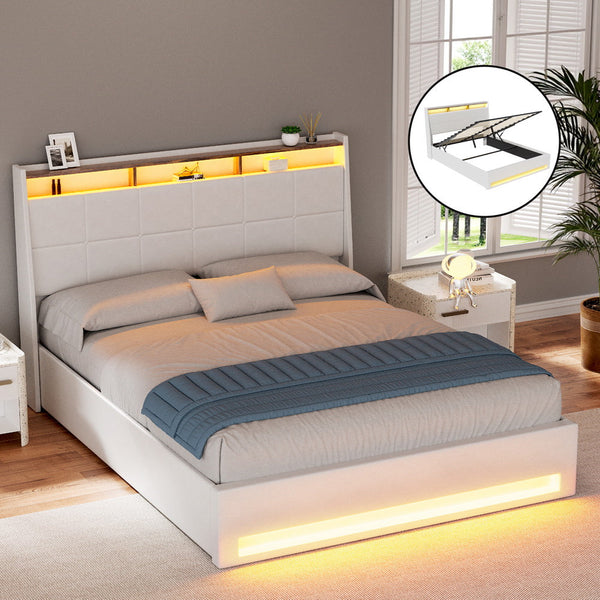 Artiss Bed Frame Gas Lift LED Beds Base Platform White PVC Leather Storage Headboard - Queen Artiss