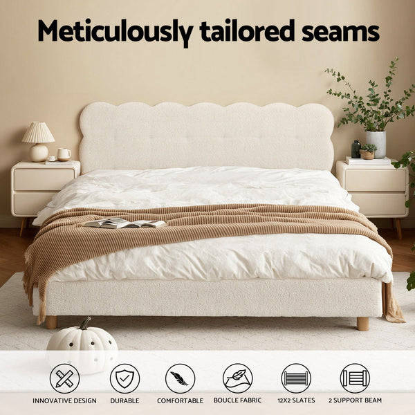 Artiss Double Bed Frame Cloud Headboard Boucle Fabric Mattress Platform Base White Awezingly