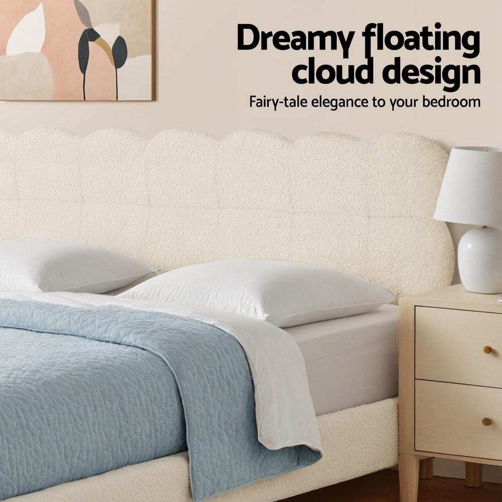 Artiss Double Bed Frame Cloud Headboard Boucle Fabric Mattress Platform Base White Awezingly
