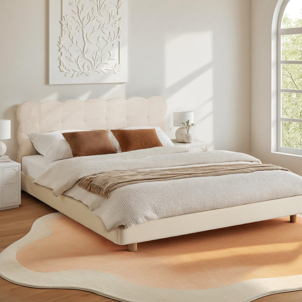 Artiss Double Bed Frame Cloud Headboard Boucle Fabric Mattress Platform Base White Awezingly