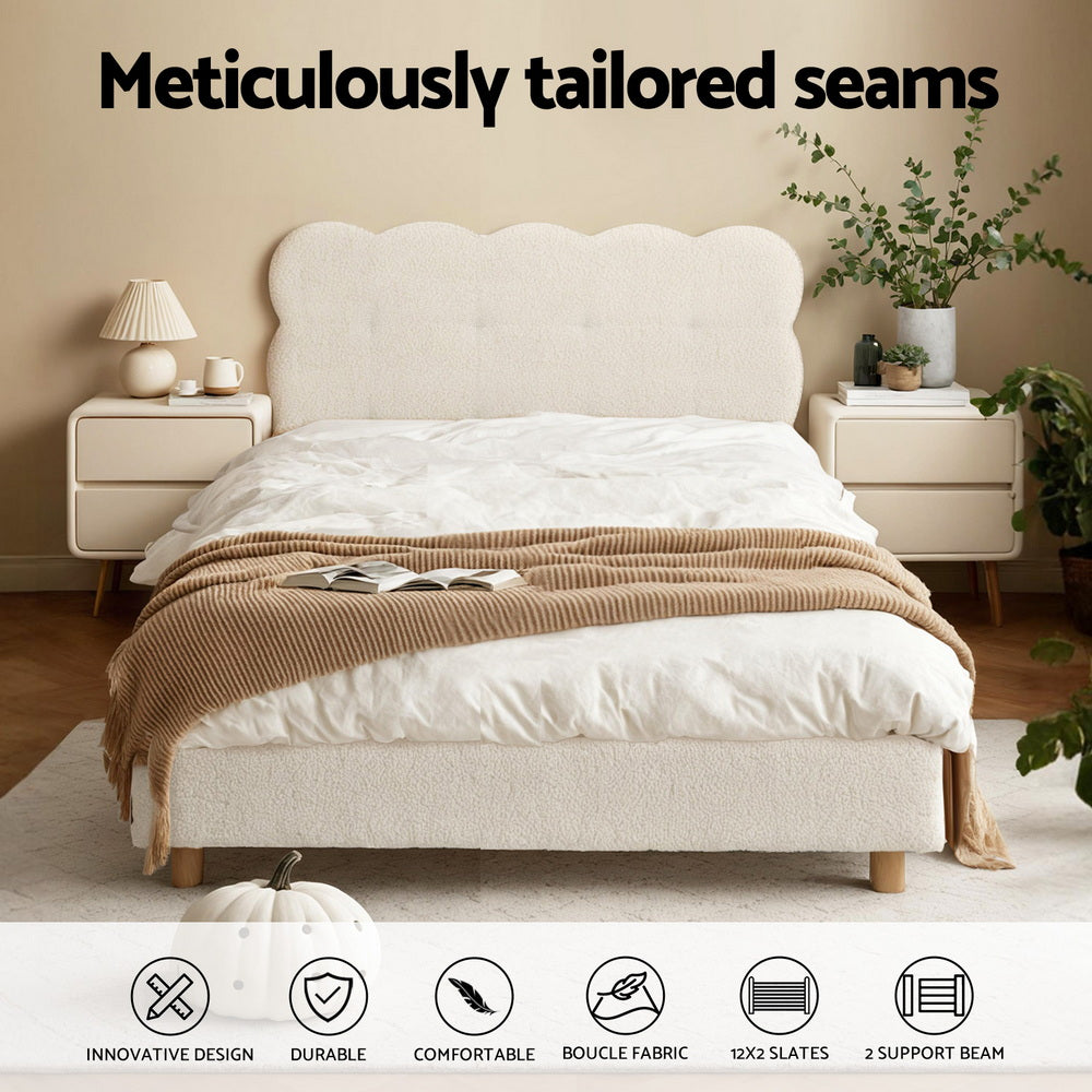 Artiss King Single Bed Frame Cloud Headboard Boucle Fabric Mattress Platform Base White Awezingly