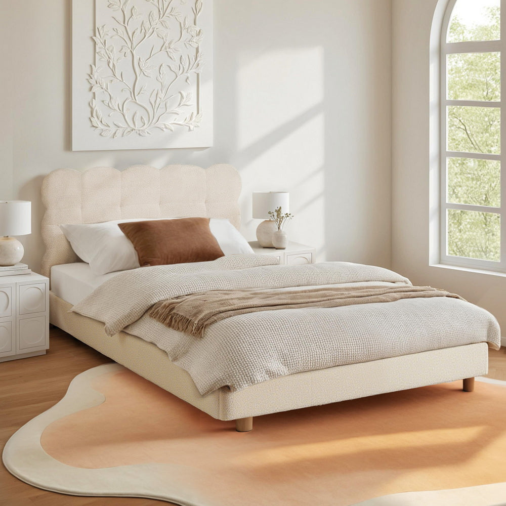 Artiss King Single Bed Frame Cloud Headboard Boucle Fabric Mattress Platform Base White Awezingly