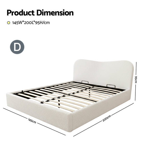 Artiss Double Bed Frame with Gaslift Storage Wooden Platform Mattress Base Boucle Upholstered White Artiss