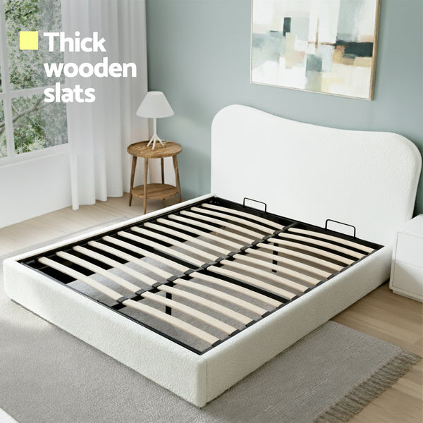 Artiss Double Bed Frame with Gaslift Storage Wooden Platform Mattress Base Boucle Upholstered White Artiss