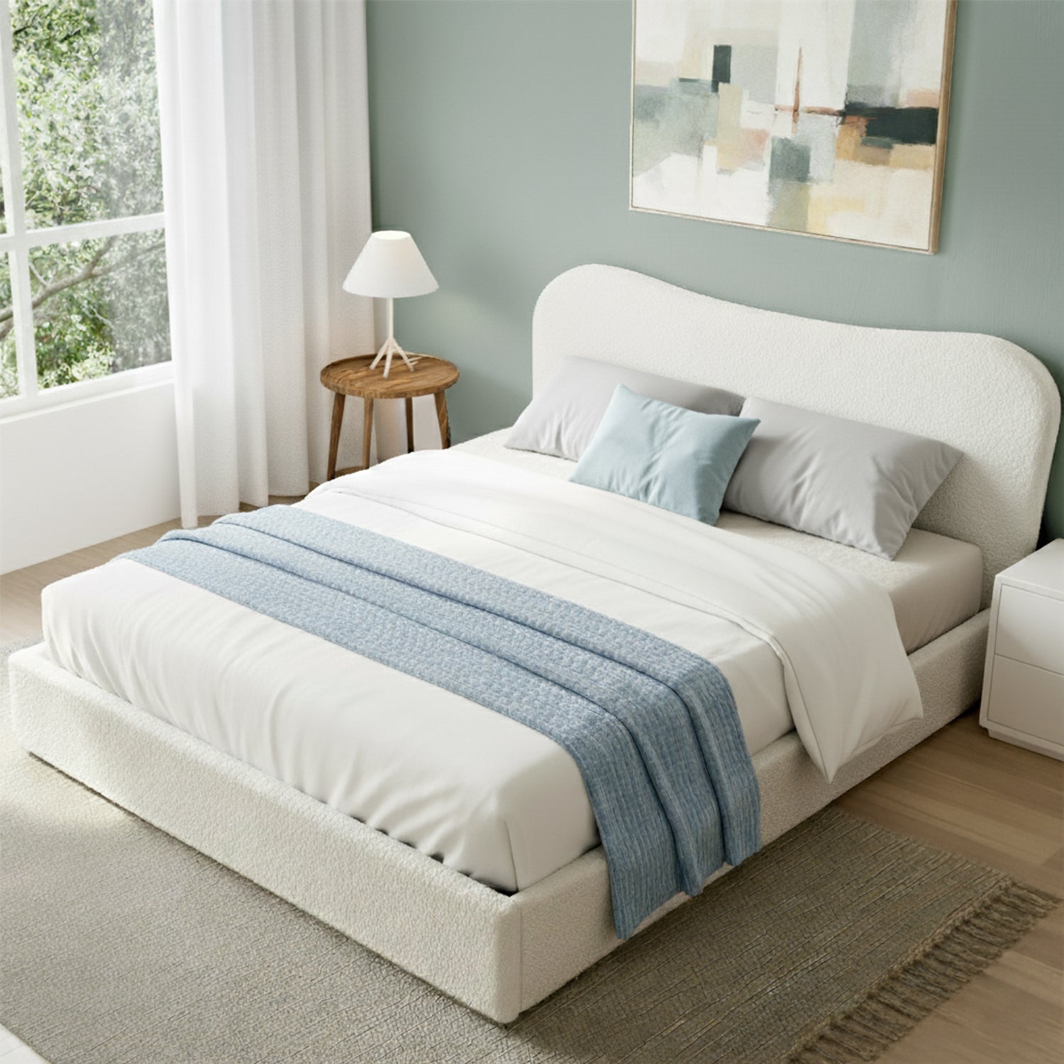 Artiss Queen Bed Frame with Gaslift Storage Wooden Platform Mattress Base Boucle Upholstered White Artiss