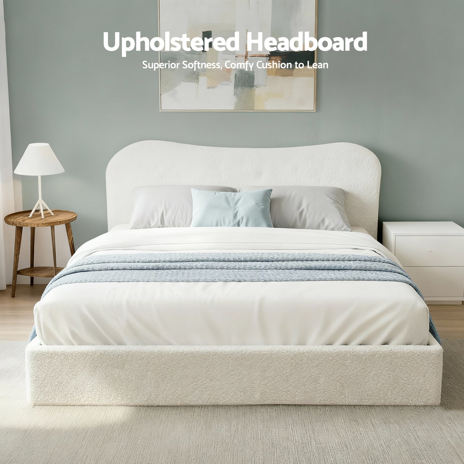 Artiss Queen Bed Frame with Gaslift Storage Wooden Platform Mattress Base Boucle Upholstered White Artiss