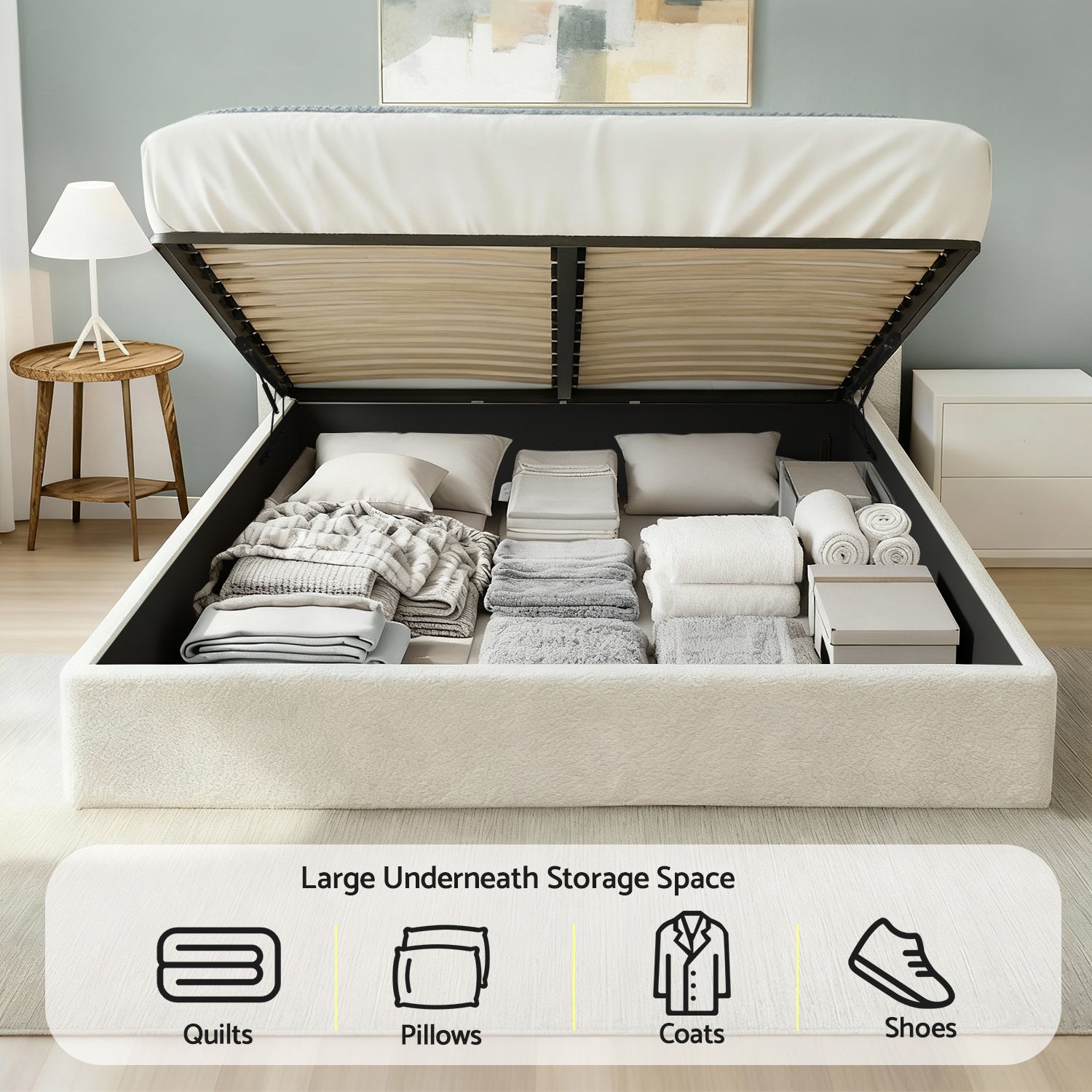 Artiss Queen Bed Frame with Gaslift Storage Wooden Platform Mattress Base Boucle Upholstered White Artiss