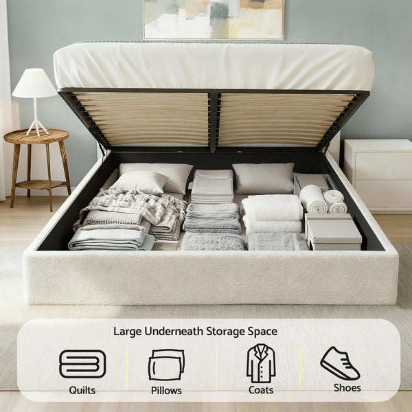 Artiss Queen Bed Frame with Gaslift Storage Wooden Platform Mattress Base Boucle Upholstered White Artiss
