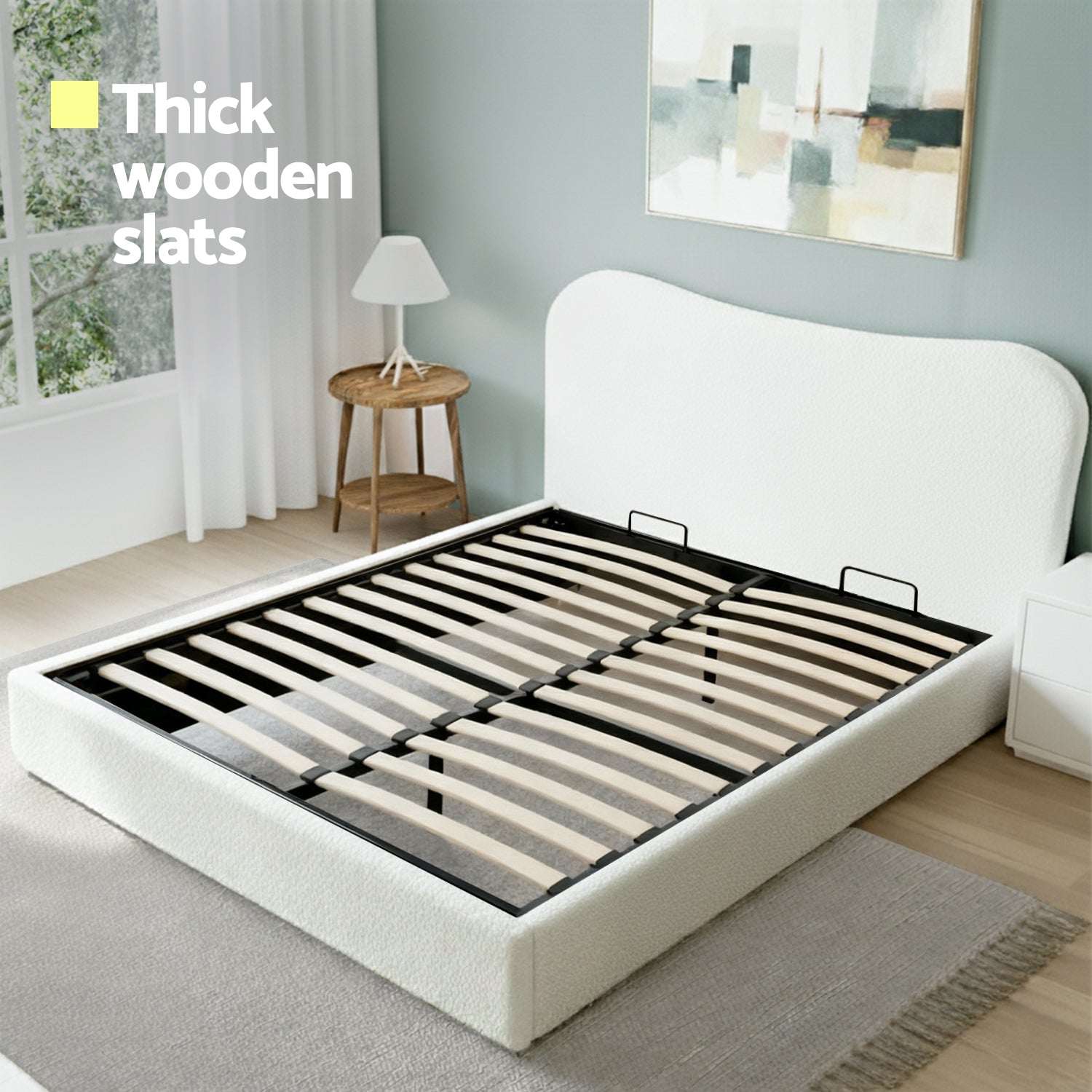 Artiss Queen Bed Frame with Gaslift Storage Wooden Platform Mattress Base Boucle Upholstered White Artiss