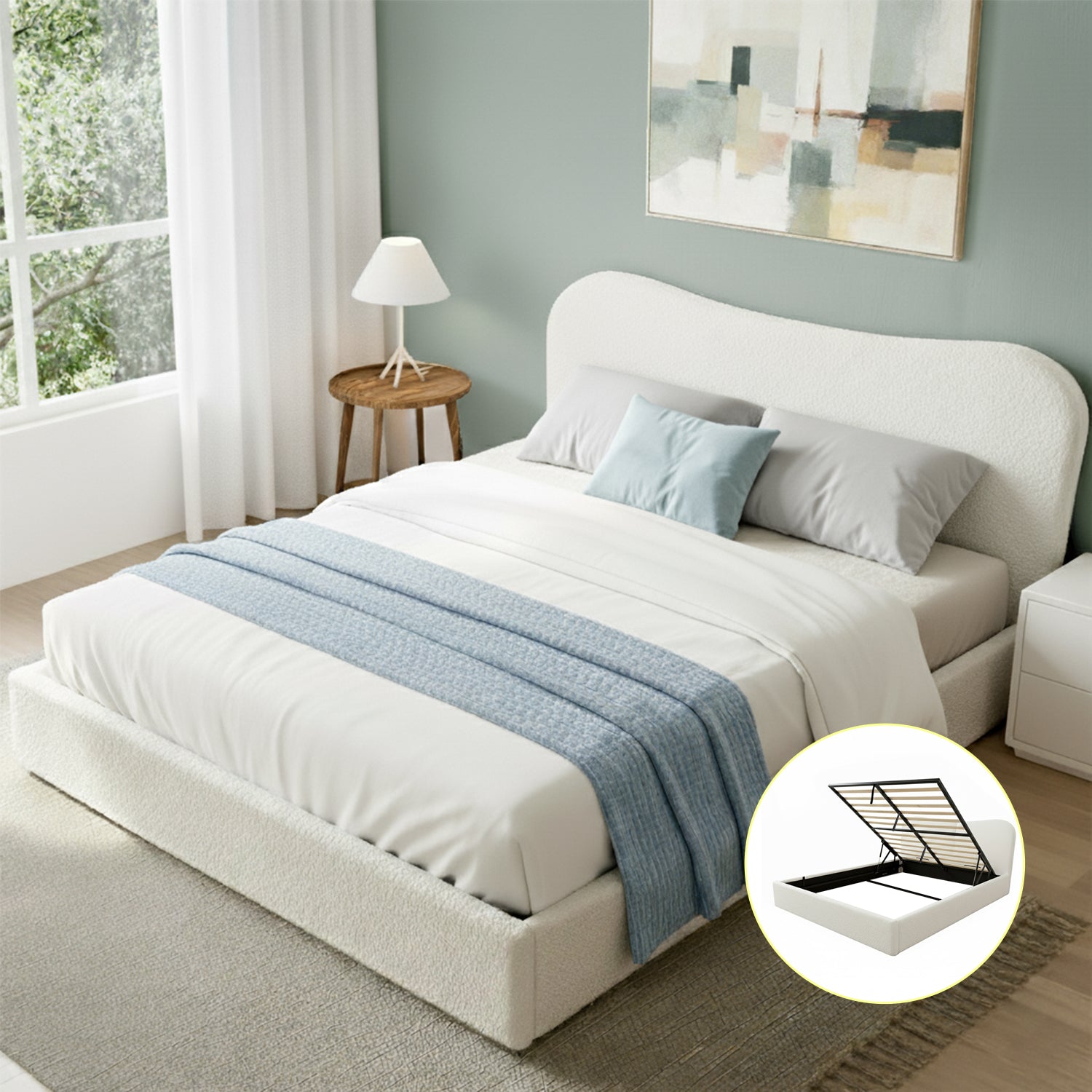 Artiss Queen Bed Frame with Gaslift Storage Wooden Platform Mattress Base Boucle Upholstered White Artiss