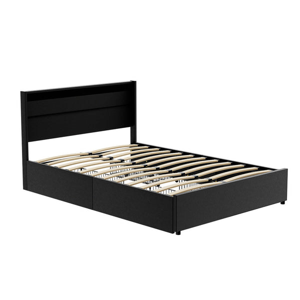 Artiss Bed Frame Double Size LED with 4 Drawers Black DUNN Artiss