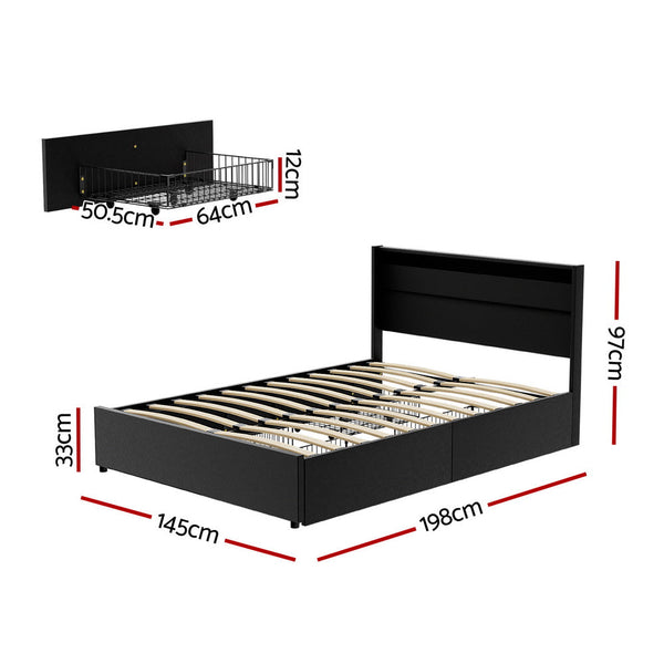Artiss Bed Frame Double Size LED with 4 Drawers Black DUNN Artiss