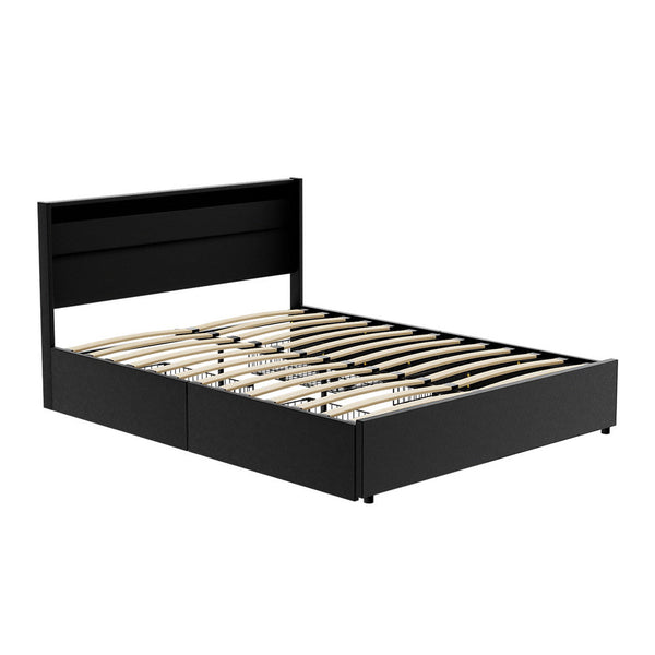 Artiss Bed Frame Queen Size LED with 4 Drawers Black DUNN Artiss