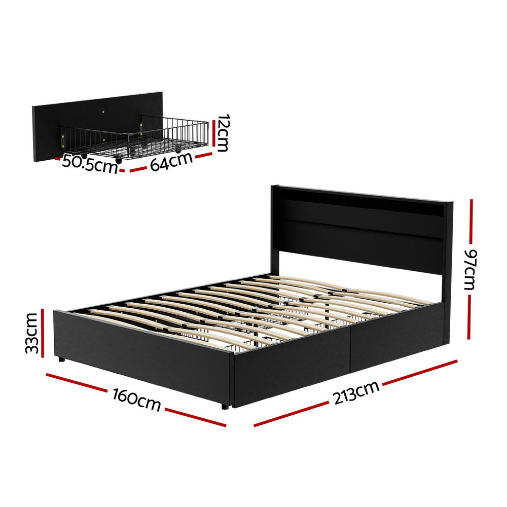 Artiss Bed Frame Queen Size LED with 4 Drawers Black DUNN Artiss