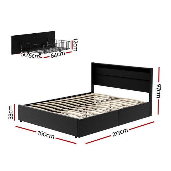 Artiss Bed Frame Queen Size LED with 4 Drawers Black DUNN Artiss