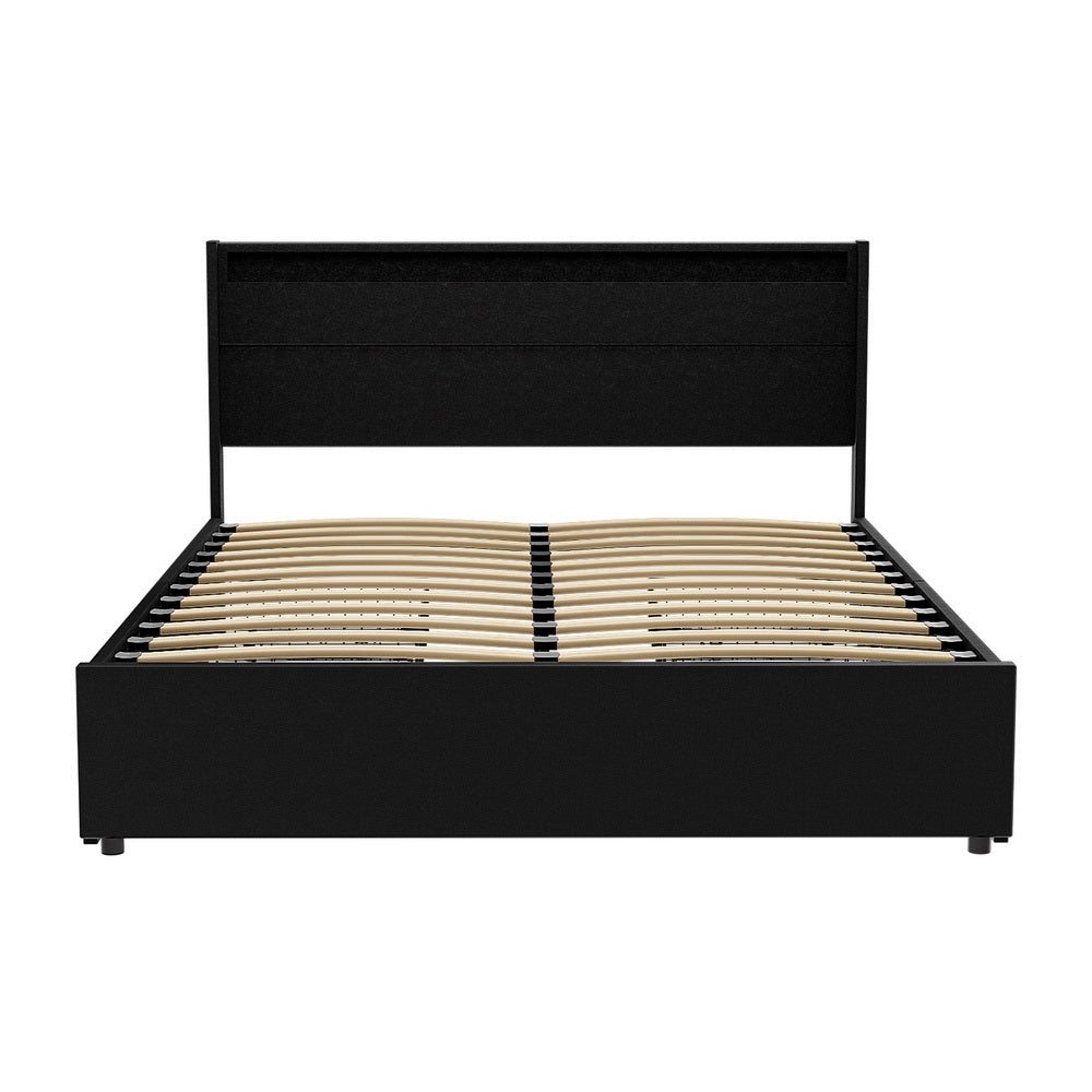 Artiss Bed Frame Queen Size LED with 4 Drawers Black DUNN Artiss