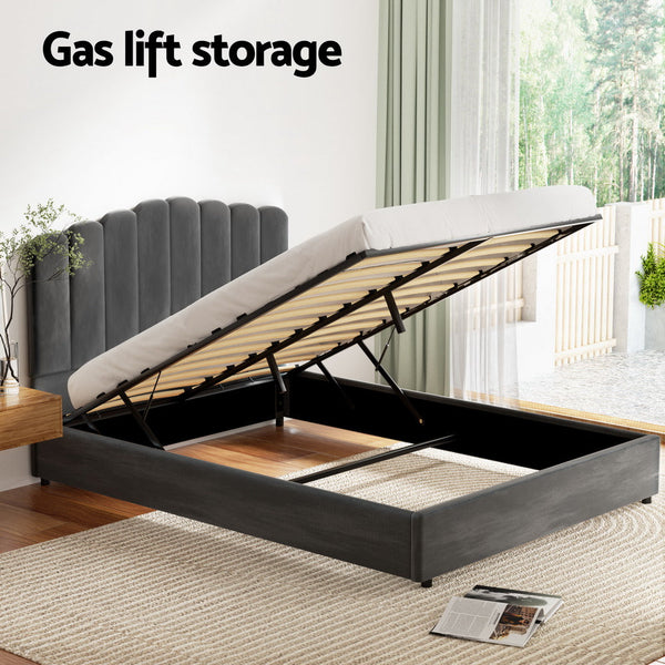 Artiss Bed Frame Queen Size Velvet Grey FION Artiss