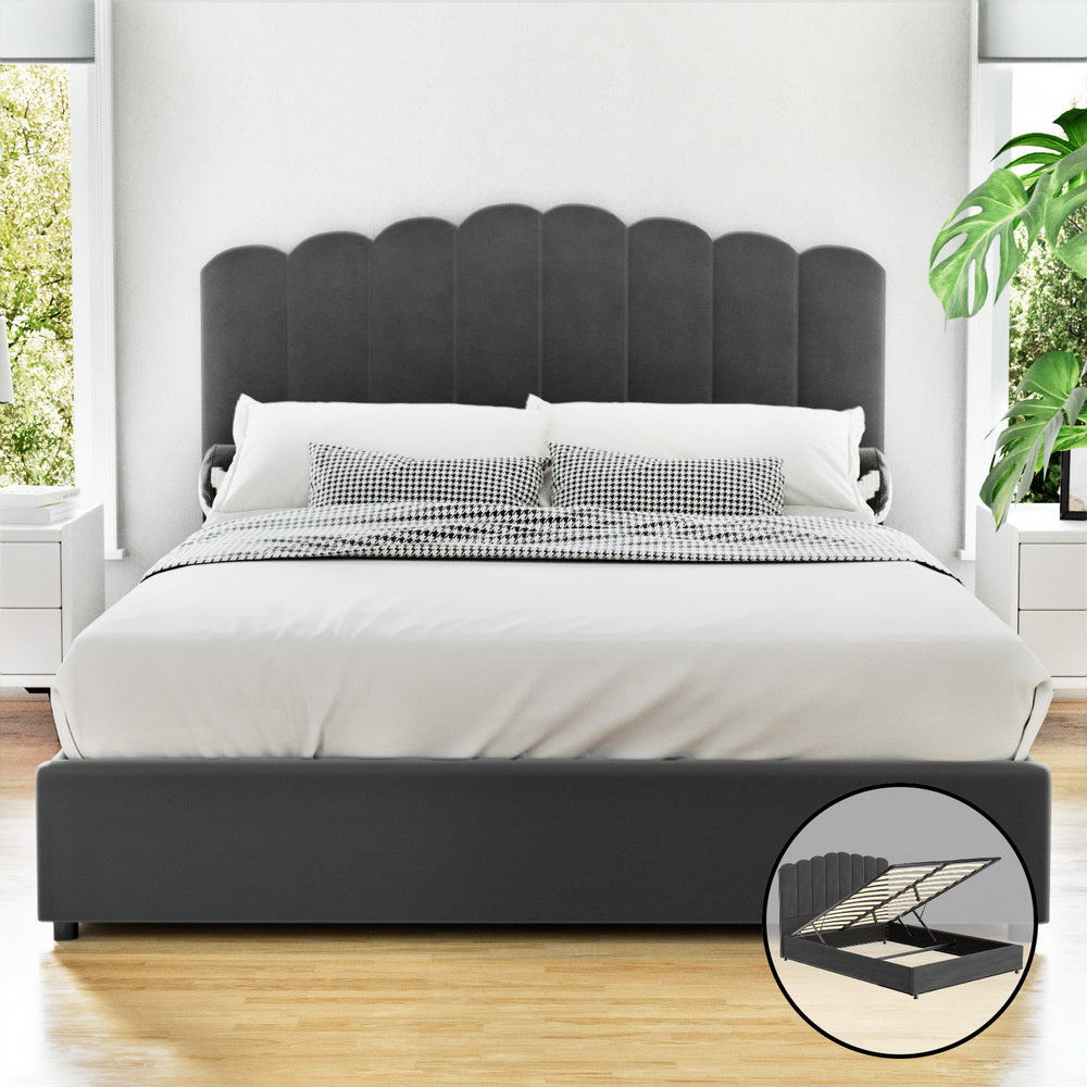 Artiss Bed Frame Queen Size Velvet Grey FION Artiss