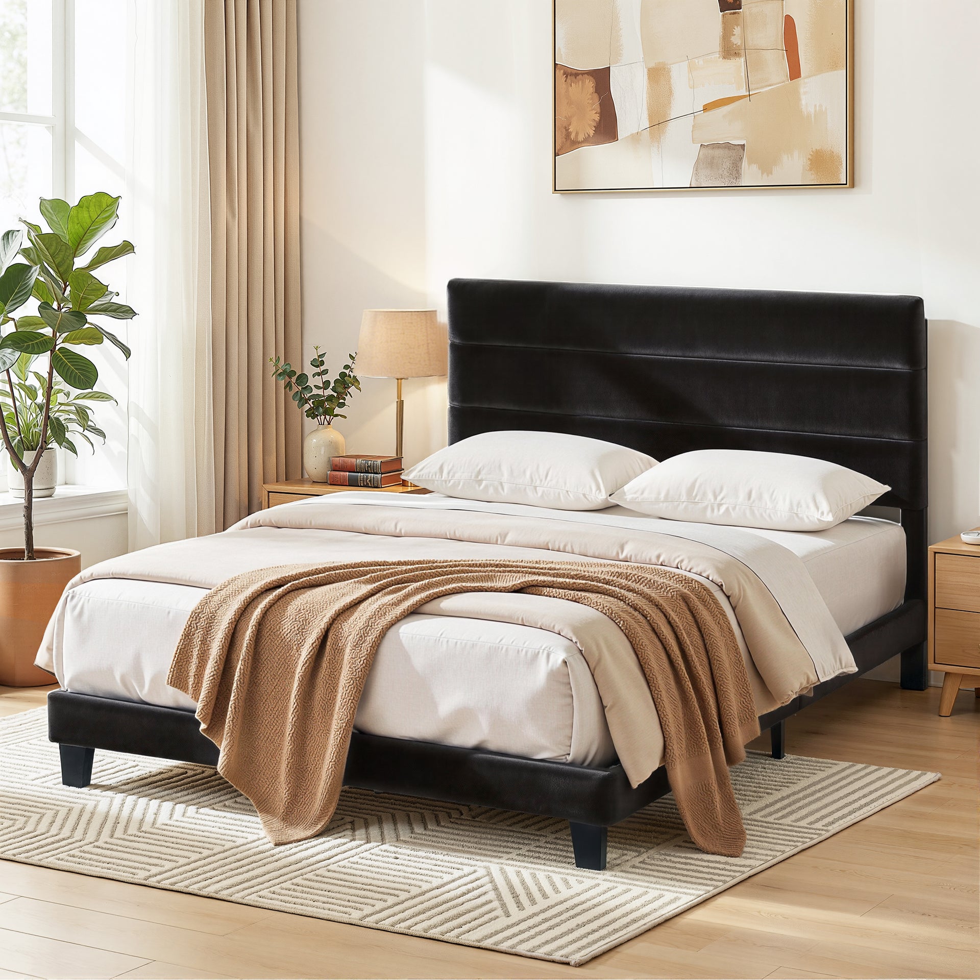 Artiss Double Bed Frame Upholstered Platform Base with Geometric Headboard Black Velvet Awezingly