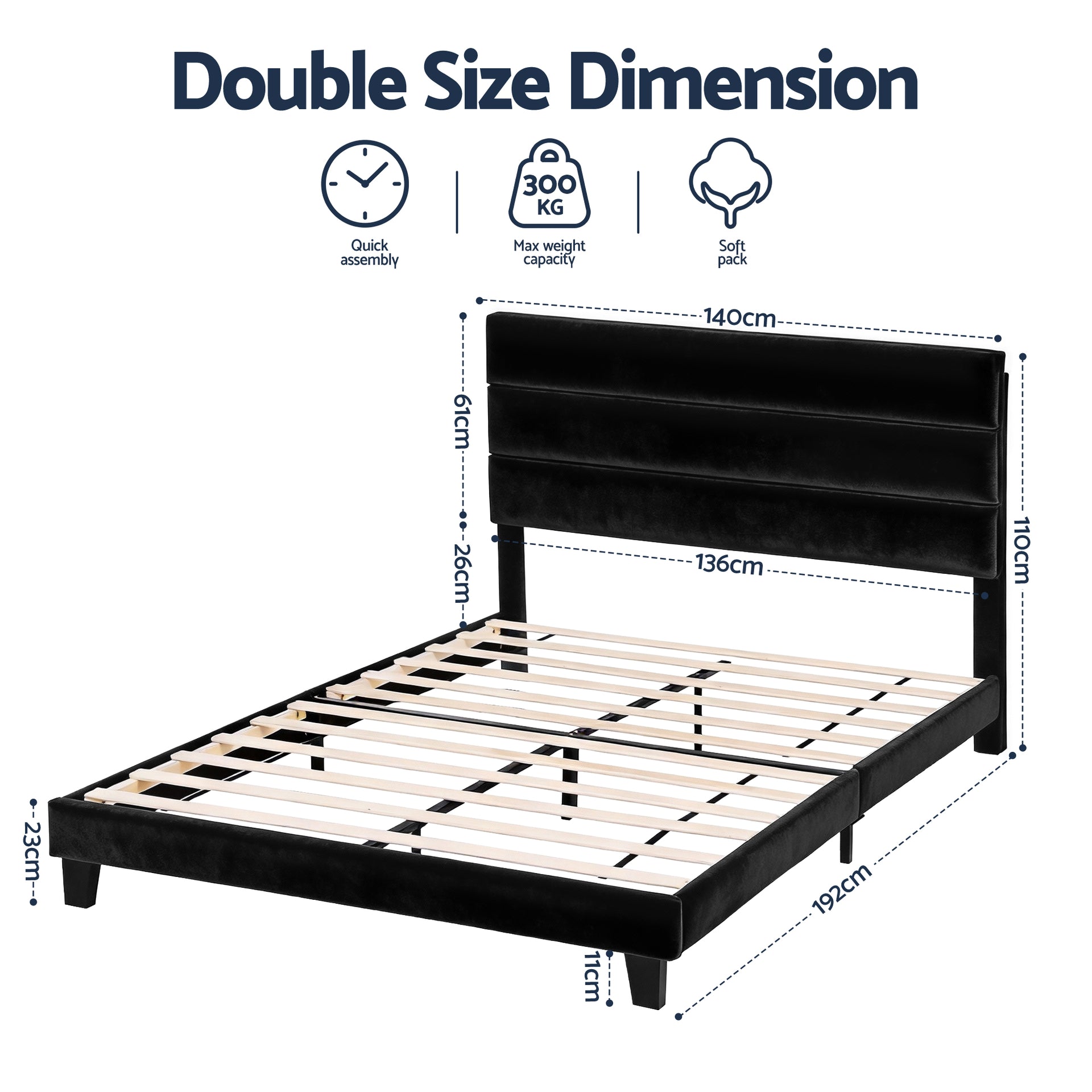 Artiss Double Bed Frame Upholstered Platform Base with Geometric Headboard Black Velvet Awezingly