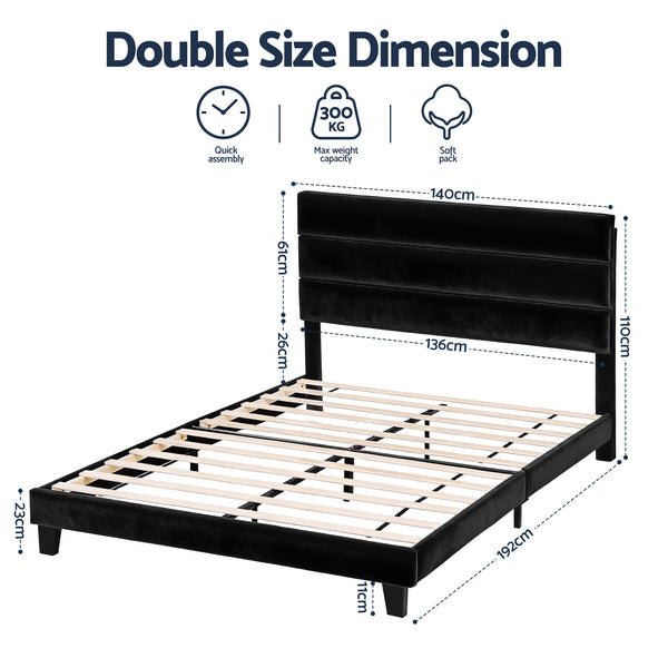 Artiss Double Bed Frame Upholstered Platform Base with Geometric Headboard Black Velvet Awezingly