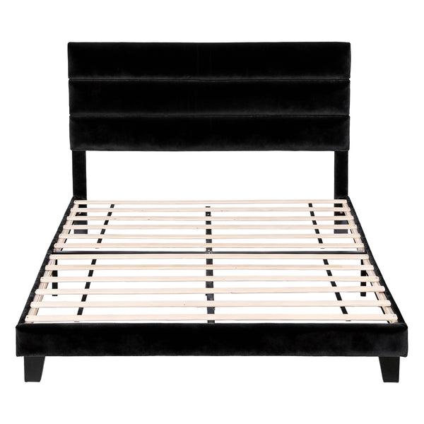 Artiss Double Bed Frame Upholstered Platform Base with Geometric Headboard Black Velvet Awezingly