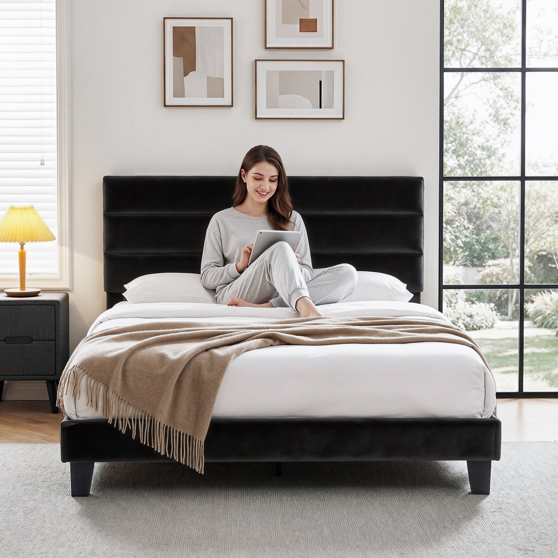 Artiss Double Bed Frame Upholstered Platform Base with Geometric Headboard Black Velvet Awezingly